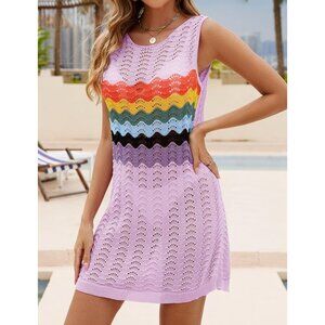 Sleeveless Crochet Knit Bathing Suit Cover-Up with Rainbow Pattern